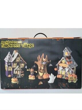 7 PIECE HALLOWEEN VILLAGE LIGHTED CERAMIC FROM JC PENNEY HOME COLLECTION NIB